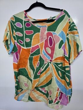 Christian Siriano Womens Linen Top 2X Colorful Abstract Short Sleeve Hi-Low